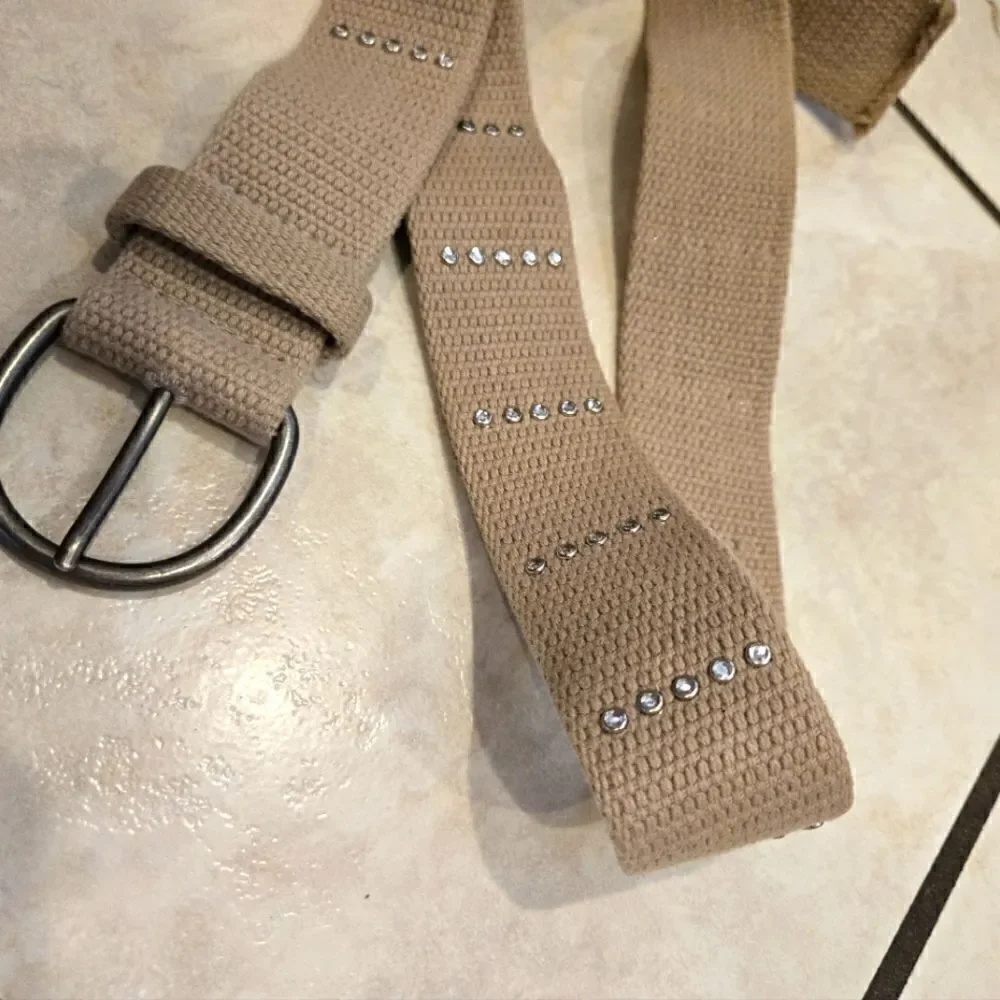 Woven Belt with Rhinestone Studs Tan